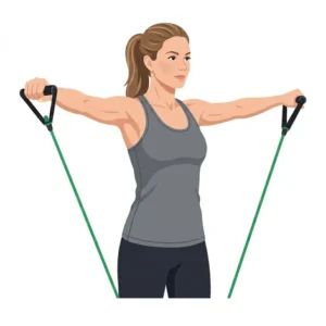 Professional illustration of a person doing lateral raises with a green resistance tube to target shoulders.