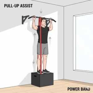 Fitness illustration showing how to use power band resistance bands for pull-up assistance.