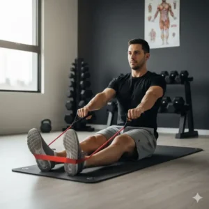 The correct starting position for a seated resistance band roll with legs extended and back straight.