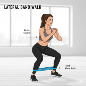 Illustration showing a person performing lateral band walks using a blue mini loop resistance bands around the ankles.