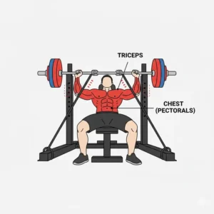 Anatomical illustration showing the primary muscles targeted when training with a bench band.