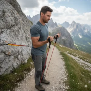 A man performing bicep curls using mountain resistance bands on a hiking trail.
