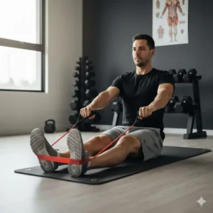 A side view showing the mid-movement pull phase of a resistance band roll to engage the back muscles.