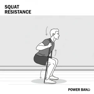 Man performing a deep squat using heavy-duty power band resistance bands for added tension.