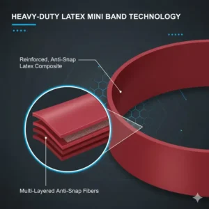 A close-up graphic highlighting the thick, anti-snap latex material of a heavy-duty mini loop resistance bands.