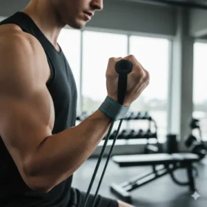 A male athlete in a gym performing bicep curls using heavy-duty latex free exercise bands.