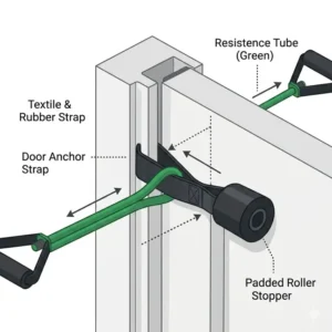 Technical illustration showing how to properly secure a green resistance tube to a door using an anchor.