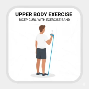 A person performing a bicep curl exercise using a strip cut from an exercise band roll.