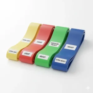 A set of exercise bands highlighting the green resistance band as the medium-heavy resistance level.