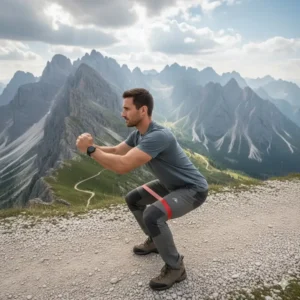 Fitness enthusiast doing squats with mountain resistance bands in the mountains.