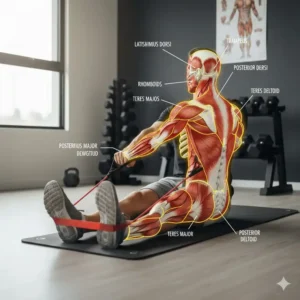 An anatomical illustration highlighting the primary muscles worked during a resistance band roll exercise.