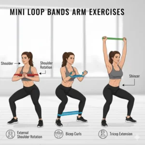 An instructional diagram of a person using a mini loop resistance bands for external shoulder rotation and arm toning.