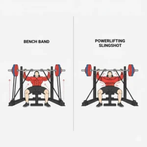 Side-by-side comparison between a traditional bench band and a supportive powerlifting slingshot.