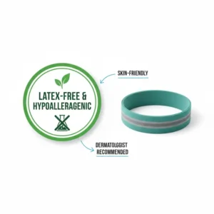 An illustration of a medical safety seal highlighting skin-friendly and hypoallergenic latex free exercise bands.