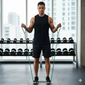 A fitness enthusiast performing bicep curls standing on a long green resistance band to build arm strength.