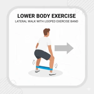 Illustration of a lateral walk workout using a looped segment of an exercise band roll.