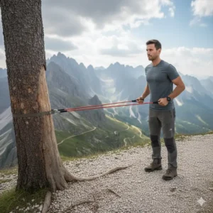 Securely anchoring mountain resistance bands to a tree for an outdoor workout.