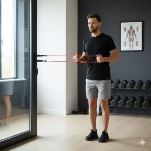 A person performing a standing resistance band roll variation using a stable door anchor.