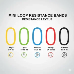 A chart showing the different tension levels of mini loop resistance bands from 5 lbs to 30 lbs of resistance.