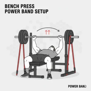 Instructional drawing of a barbell bench press combined with power band resistance bands.