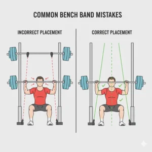 Infographic highlighting common form mistakes and correct positioning for a bench band.