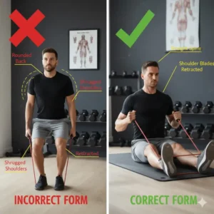 Comparison chart showing common posture mistakes versus proper form when doing a resistance band roll
