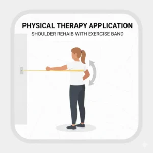 A patient undergoing shoulder rehabilitation in physical therapy using an exercise band roll.