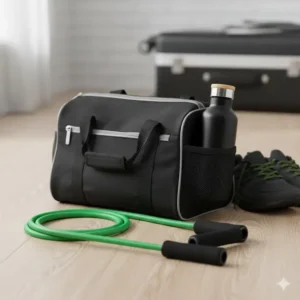 A compact and portable green resistance band kit placed next to a gym bag for travel workouts.