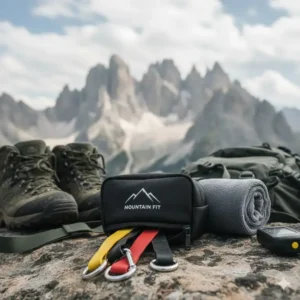 Lightweight mountain resistance bands packed in a travel bag with hiking boots.