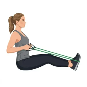 Illustration of a seated row back exercise being performed with a durable green resistance tube.