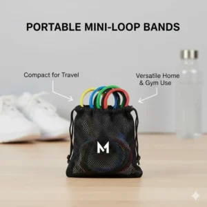 Illustration of mini loop resistance bands folded neatly inside a small mesh travel pouch for home or gym use.