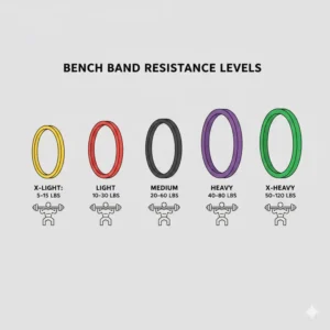 A breakdown of different color-coded bench band thickness levels and their tension ratings.
