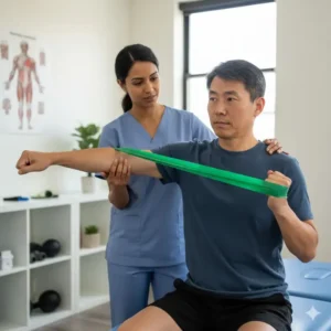 A patient undergoing physical therapy for shoulder recovery using a flat green resistance band.