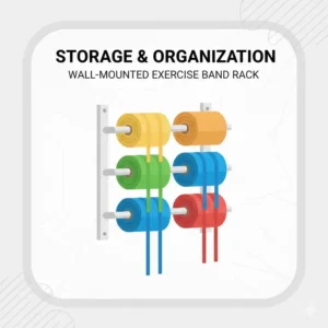 A wall-mounted dispenser rack organizing multiple colors of an exercise band roll.