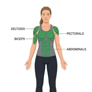 Human anatomy diagram showing the specific muscle groups activated when using a green resistance tube.