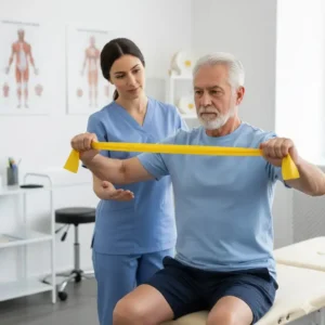 A physical therapist helping an elderly patient with shoulder rehabilitation using yellow latex free exercise bands.