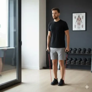 Demonstrating a single-arm resistance band roll to improve core stability and unilateral strength.