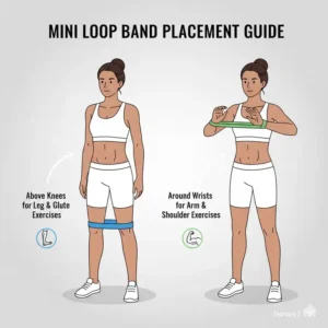 Diagram showing the correct placement of mini loop resistance bands above the knees and around the wrists for various exercises.