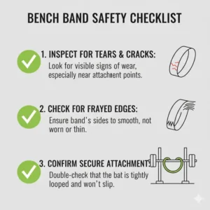 A safety protocol checklist for inspecting a bench band for tears or damage before use.