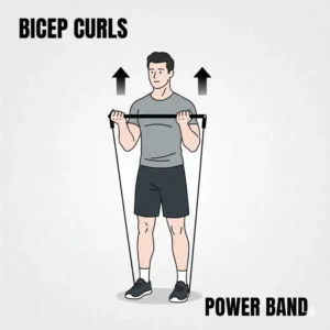 Gym illustration of an athlete performing standing bicep curls with power band resistance bands.