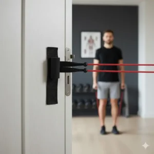 Close-up of a secure door anchor attachment prepared for a safe resistance band roll workout.