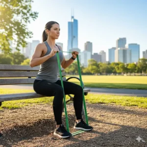 A woman doing outdoor rowing exercises by anchoring her green resistance band to a park bench.