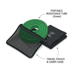 A portable fitness kit featuring a coiled green resistance tube and its compact travel carrying case.