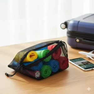 A black mesh carrying bag containing a variety of latex free exercise bands next to a travel suitcase.