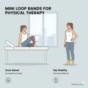 A gentle stretching illustration using mini loop resistance bands for knee rehabilitation and joint stability.