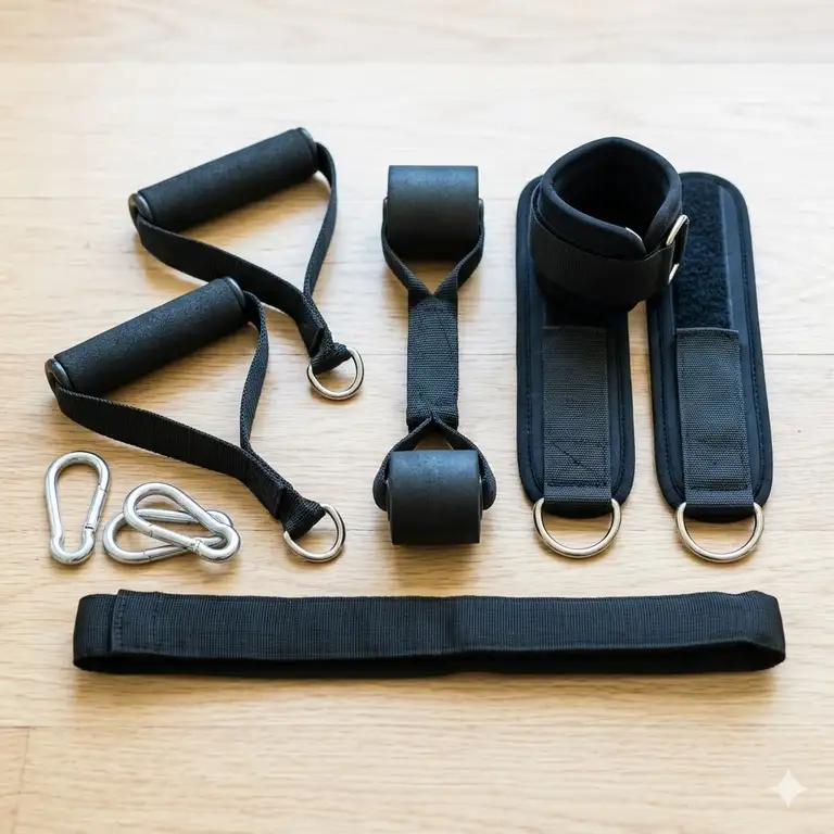 A professional set of various high-quality attachments for resistance bands displayed on a gym floor.
