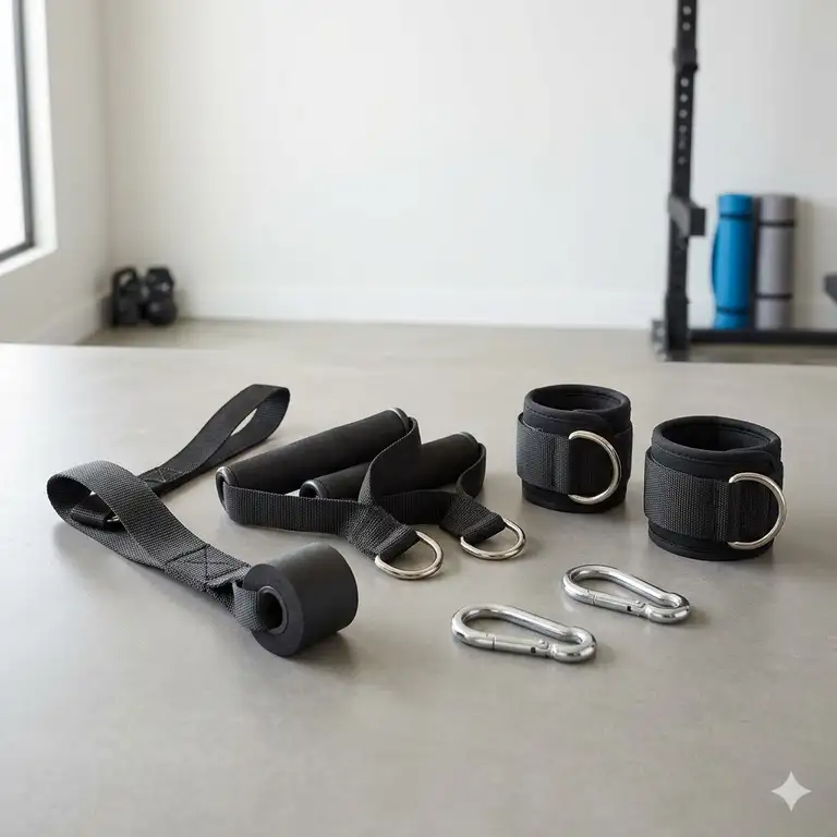 A professional kit of exercise band attachments including door anchors, handles, and ankle straps on a gym floor.