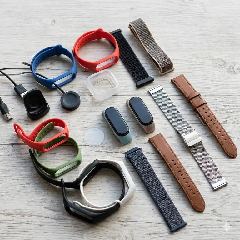 A comprehensive display of popular fitness band accessories including straps, chargers, and cases.