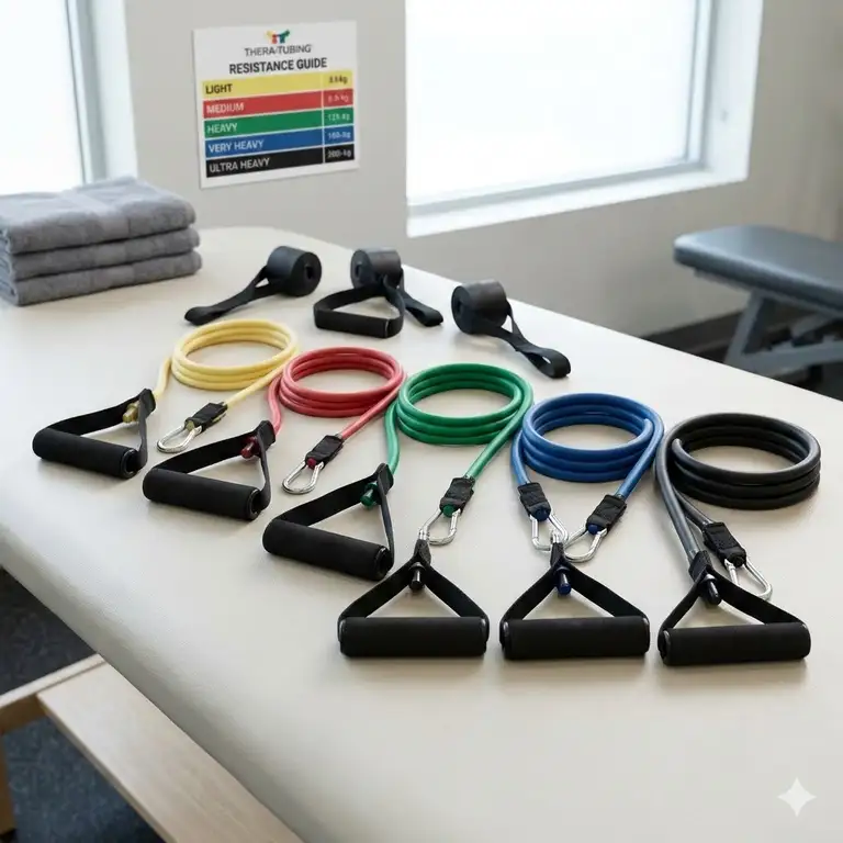 A professional collection of various resistance levels of physical therapy tubing with handles for rehabilitation.