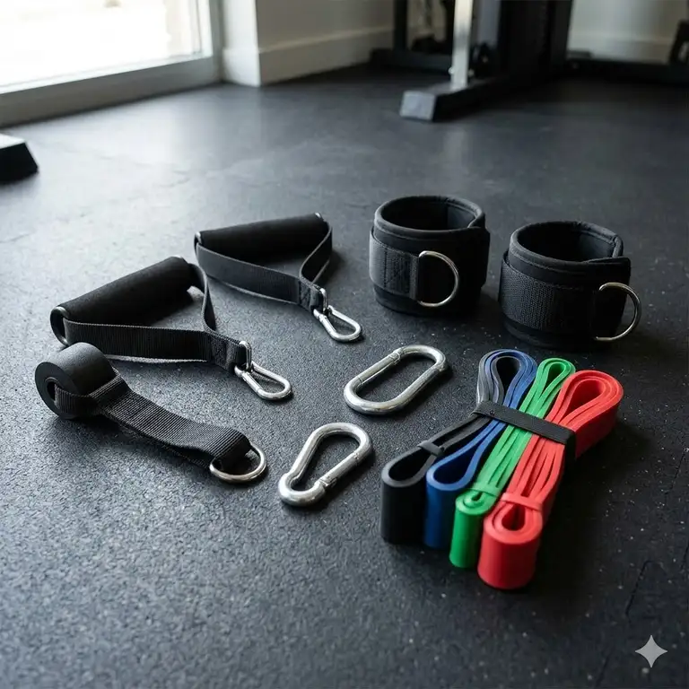 A professional gym setup featuring various resistance band accessories like handles, anchors, and straps on a workout mat.